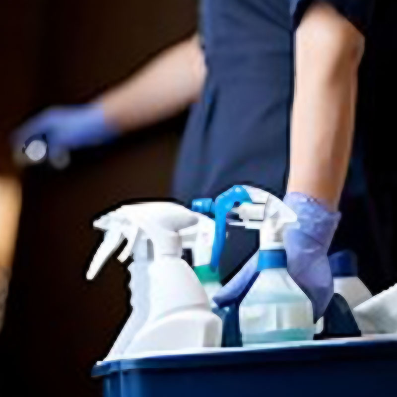 A person wearing blue gloves holds a bucket filled with various cleaning supplies