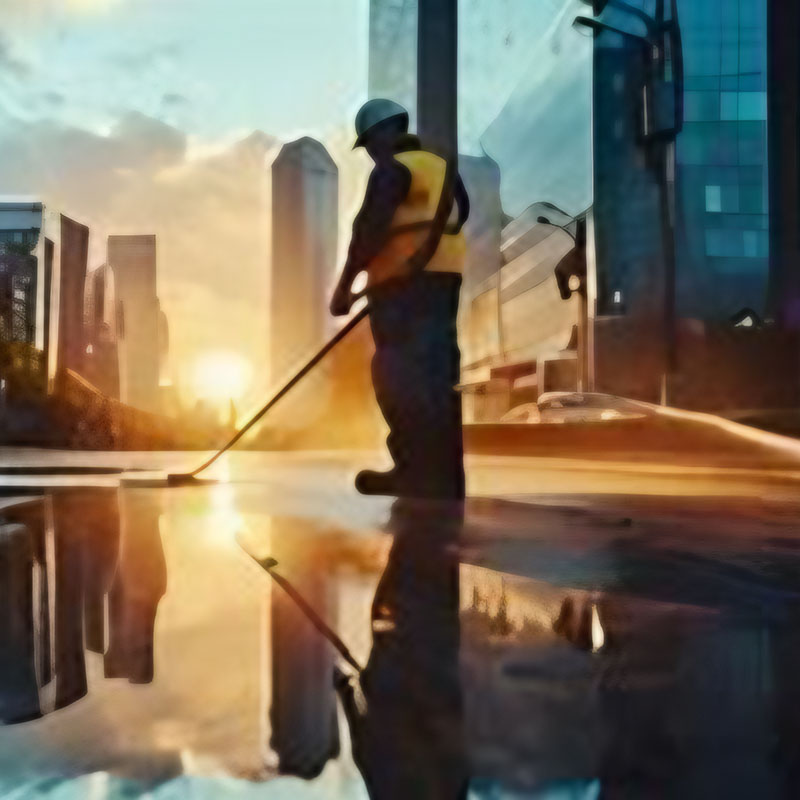 A man cleans the street at sunset